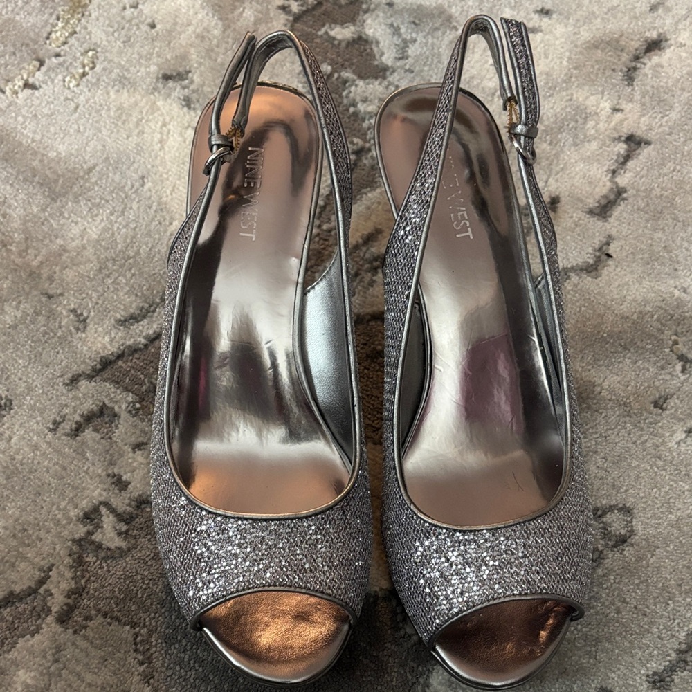 Nine West Metallic Glitter Peep Toe Heels